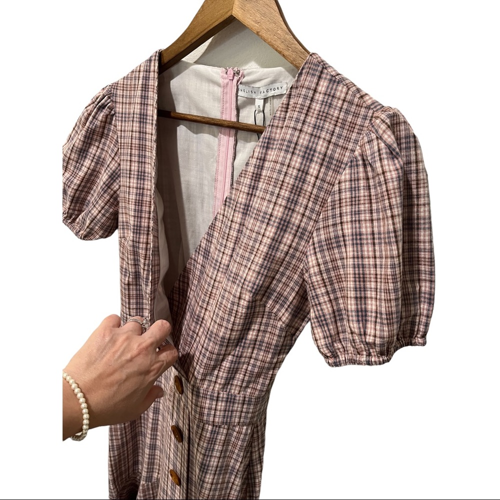 ENGLISH FACTORY PLAID PUFF SLEEVE RUFFLED WOOD BUTTON DETAILS DRESS SIZE SMALL - Picture 10 of 14